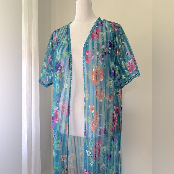 Vintage ‘80s Lady Cameo Dallas Teal Floral Print Sheer Maxi Duster Robe - Picture 3 of 10